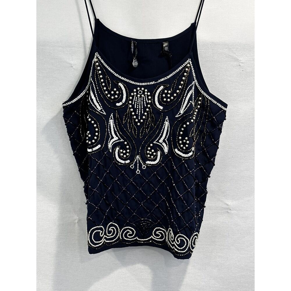 BKE Boutique Top Womens Tunic size XS Navy Blue Beaded Spaghetti Strap Pullover